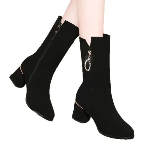 New Winter Style in British Style Women’s Suede Mid calf Boots with Thick Heel and Rhinestone Pendant Black Large Size Women’