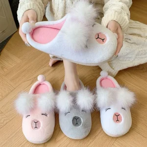 New Winter Women’s Fur Slippers Cartoon Koala Design Thick Cotton Non-Slip Round Toe Warm Slipper