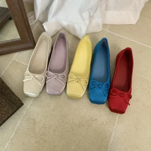 New Women’s Ballet Flats Satin Bow Tie Square Toe Shoes Fairy Style Ballet Slippers