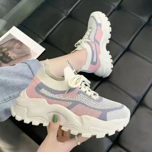 New Women’s Clunky Sneakers TPU Outsole Med Heel Breathable Thick-Soled Casual Sports Mesh Shoes All-Match