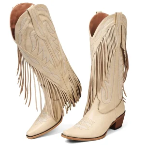 New Women’s Cowboy Boots Retro Square Toe Pull on Block Chunky Heel Embroidery Tassel Calf Western Cowgirl Boots