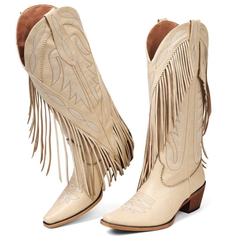 New Women’s Cowboy Boots Retro Square Toe Pull on Block Chunky Heel Embroidery Tassel Calf Western Cowgirl Boots