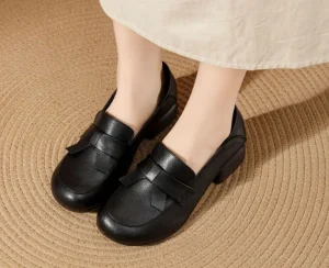 New Women’s Genuine Leather Flats Soft Sole Anti Slip Casual Shoes Chunky Heel All Season Comfortable Loafers