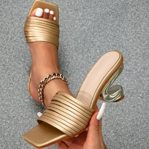 New Women’s Heeled Mule Sandals Striped Metallic Curved Square Toe Plus Size Summer Casual Ladies High Heel