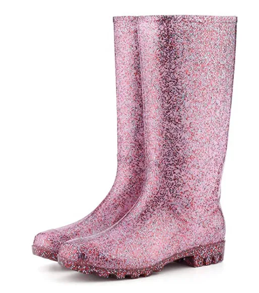New Women’s Knee length Glitter Waterproof PVC Rain Boots, Glitter