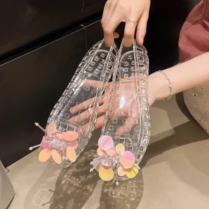 New Women’s Korean Jelly Shoes Fashion Square toe Sequins Flats Flower Slip on Sandals Women Elegant Summer Flat Shoes