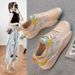 New Women’s Leather Panel Sneakers Spring and Autumn Versatile Thick Sole Patchwork Casual Sports Shoes