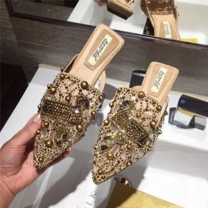 New Women’s Mesh Hollowed-out Baotou Summer Pointed Flat-bottomed Outdoor Wear College Style Diamond Low-heeled Mule slippers