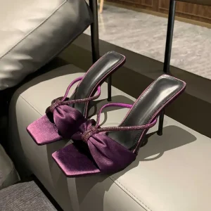 New Women’s Purple Satin Rhinestone Strappy Sandals With Bow Decor Exposed Toe High Heel Flip Flops Summer Outdoor Heels