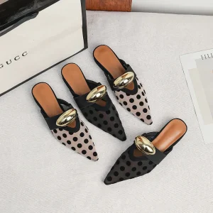 New Women’s Sandals Slip-On Polo-dot Breathable Mesh Metal Buckle Rear Hole Thick Heel Pointed Single-layer Shoes Slippers