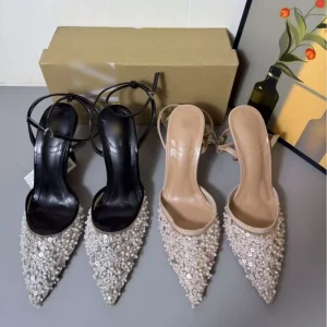 New Women’s Shoes Shiny Mesh Pointed Toe High Heeled Mules Party Luxury Designer Shoes Women Glitter High Heel Shoes