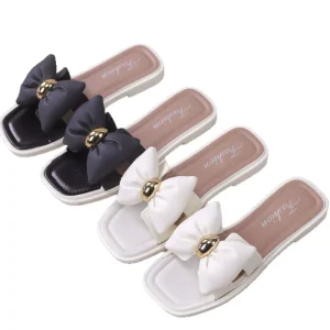 New Women’s Square Toe Flat Sandals Summer Floral Bow Tie Slipper Anti Slip PVC Sole Light Weight Fashion Trend