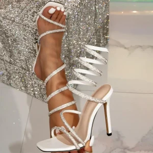 New Women’s Strappy High Heeled Roman Sandals with Thin Stiletto Heel White Snake Coil Design Summer Outdoor Breathable Comfort