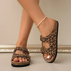 New Women’s Summer Sandals European American Leopard Print Metal Buckle Circle Word Tend Fashionable Temperament