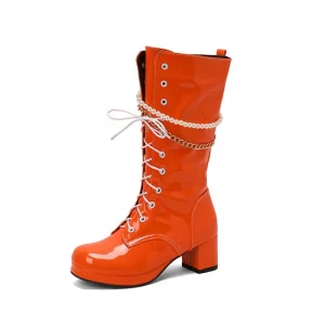 New Women’s Western Waterproof Lace Up Boots with Side Zipper Thick Heel Mid calf Chain Pearl Fashionable