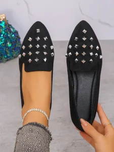 New Women’s White Ballet Flats Pointed Slip On Crystal Polka Dot Lightweight Trendy Autumn Casual Comfortable Loafers