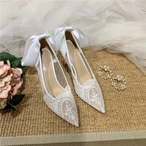 New for Wedding Bridal Shoes Lace Bridesmaid White Pointed High Heels Sandals Thin Heel Beautiful Shoes for Women