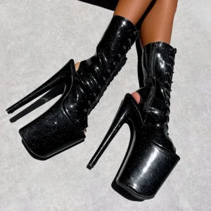 Nightclub 20cm Peep Toe Strip Pole Dance Big Size Women’s Lace Up Black Platform Ankle Boots 8Inch Gladiator Gothic Sexy Fetish