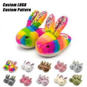 Non Slip Plus Size Adult Cute Plush Bunny Indoor Winter Bedroom House Shoes Women’s Fluffy Rabbit Slippers with Floral Ears