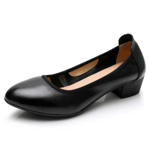 Non-slip Soft Bottom Black Leather Professional Work Shoes for Women Hospital Kitchen Airline