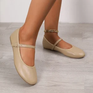 Nude Mary Jane Flats for Women Soft PU Leather Round Toe Strap Ballet Flat Shoes Daily Casual Walking Comfort Flat Pumps