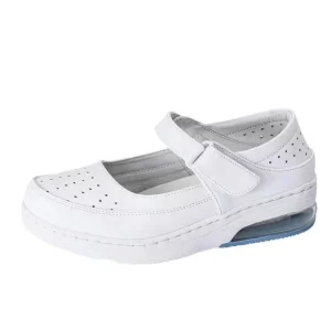 Nursing Shoes Hospital Women Summer Spring White Leather Slip On Breathable Holes Soft Bottom Flat Anti Slip Safety Work Shoes