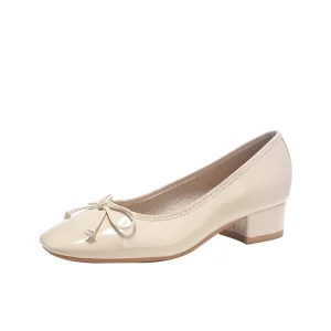 ODM OEM Comfortable Treasure Super Soft Bow Office Shoes Women’s Square Heel Medium Heel PU Upper Rubber Outsole
