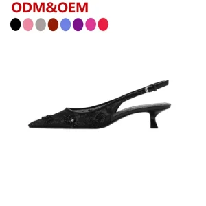 ODM OEM Women’s New Arrivals Black Sandals Fashionable Beaded Mesh Pointed Toe Shallow High Heeled Mules Open Back Mid Heel
