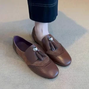 OEM ODM Custom Logo Casual Loafer Shoes with Tassels Women’s Low Heel Fashion Closed Round Toe Block Leather Shoes