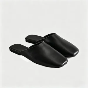 OEM ODM Custom Logo Women’s Flat Slip-On Square Toe Black PU Leather Mule Slippers