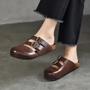 OEM ODM Version Women’s Summer Loafers Double Buckle Flat Shoes with Casual Doudou Fashion Fluent Single Cowhide Fabric Slippers