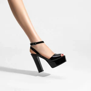 OEM ODM Women’s Black Sexy Square Toe Fashionable Chunky Platform Heels Sandals with Ankle Strap for Summer