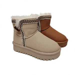 OEM ODM Women’s Ethnic Trim Platform Waterproof Ankle Boots Horn Button Sheepskin Fur Lined Winter Boots