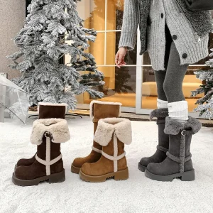 OEM ODM Women’s Fashion Warm Snow Boots Suede Leather Round Toe Knee High Boots 5cm Heel Anti Slip Rubber Sole Manufacturer