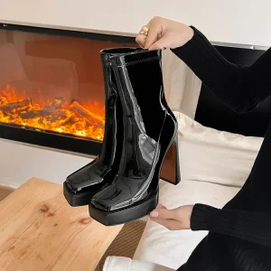 OEM ODM Women’s Square Toe Chunky Heel Boots 13cm 5.1 Inch Ankle Knee Thigh High Patent Full Grain Leather Western