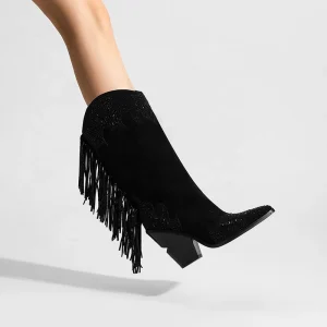 OEM ODM Women’s Western Black Mid-calf Boots Rhinestones Tassel Pointed Toe Block Heel Winter Summer Shoes