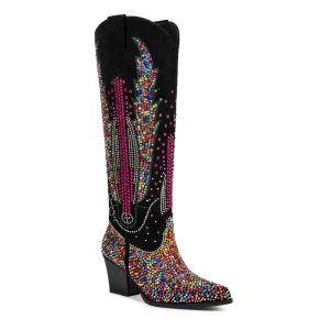 OEM Women’s Cowgirl Boots Comfortable Eye-catching Diamond Craft Thick Heel Western Knee-high Boots Matte Black