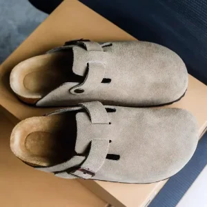 Oem odm Women’s Cow Suede Leather Cork Sole Loafers Mules Sandals Clogs Slippers with Arch Support