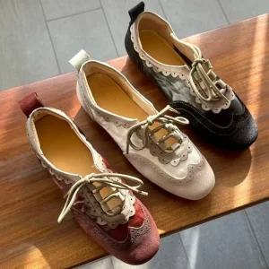 Old Money Style Sheepskin Solid Casual Ballet Flats Retro Lace up Slimming Wear resistant Carved Pattern Women’s