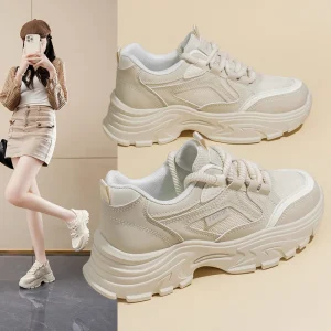 Omen’s Beige Chunky Sneakers Mesh Panel Lace-Up Design Stylish Casual Shoes for Women’s Fashion Outfits