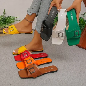 One Word High quality Soft Soled Women’s Shoes 518 New square Button Women’s Sandals for Outdoor Wear Versatile Beach Shoes