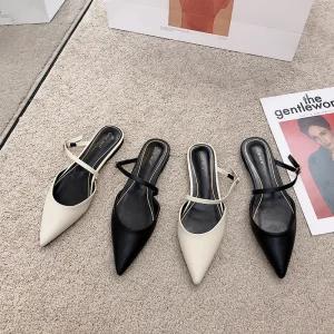 One-Word Toe Box Half Slippers Women’s Summer Flat Mules Outer Wear with Narrow Band