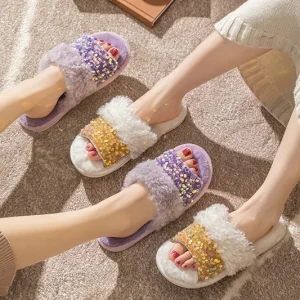 Open Cozy Toe Fashion Slippers Women’s Sequin Long Hair Plush Upper Slippers Home Indoor No Slip Wool liked