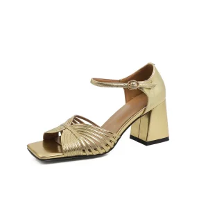 Open Toe Chunky Heel Buckle Closure Women’s Summer Sexy Elegant Genuine Leather Roman Sandals