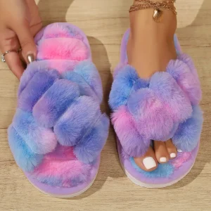 Open Toe Cross Shoes Bedroom House Fluffy Slippers Soft Winter Home Slides Women Slippers