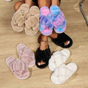 Open Toe Cross Shoes Bedroom House Fluffy Soft Winter Home Women Cotton Fabric Wool Cushioned Autumn
