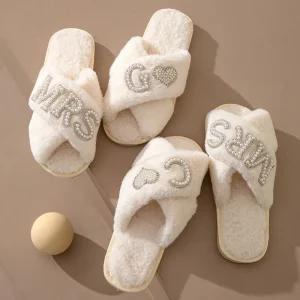 Open Toe House Slipper Bedroom Shoe Indoor Outdoor Women’s Fuzzy Cross Slides Bride Wedding Guest Slippers