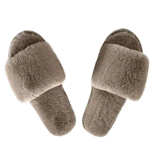 Open Toe House Slippers for Women Indoor Slip on Slides Sandals Lady Winter Warm Plush Faux Fur Indoor House Slippers