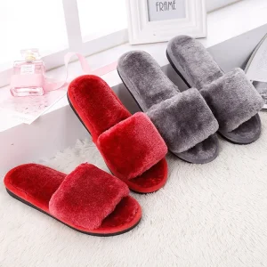 Open Toe Soft Winter Soft Sole Faux Fur Comfy Sole Lady Men Slides Plush Slippers Cotton Bedroom Shoes