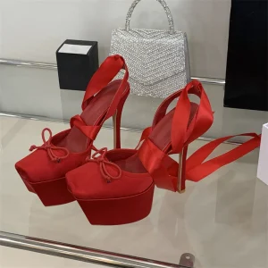 Open Toe Women’s Red Elegant Party Sandals High Grade Silk Square Head Horseshoe High Heels Customized for Sexy Light Weight